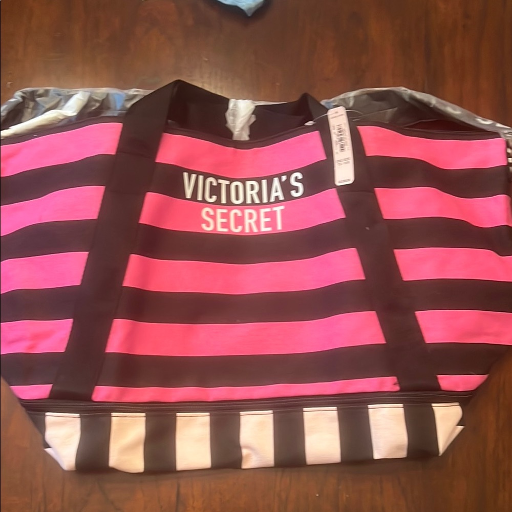 Victoria's Secret Bold Pink and Black Striped Tote (Brand New)